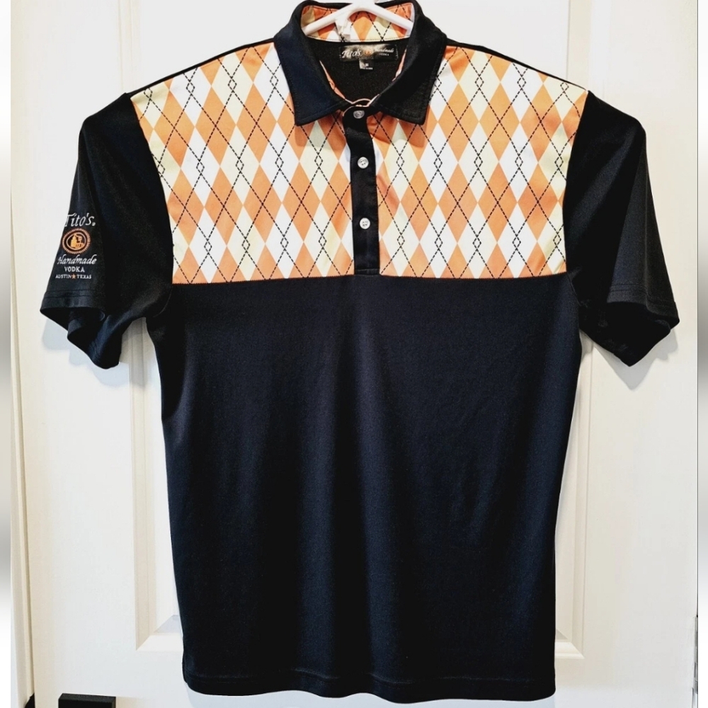 Titos Vodka Mens Medium Golf Shirt Polo Black Argyle